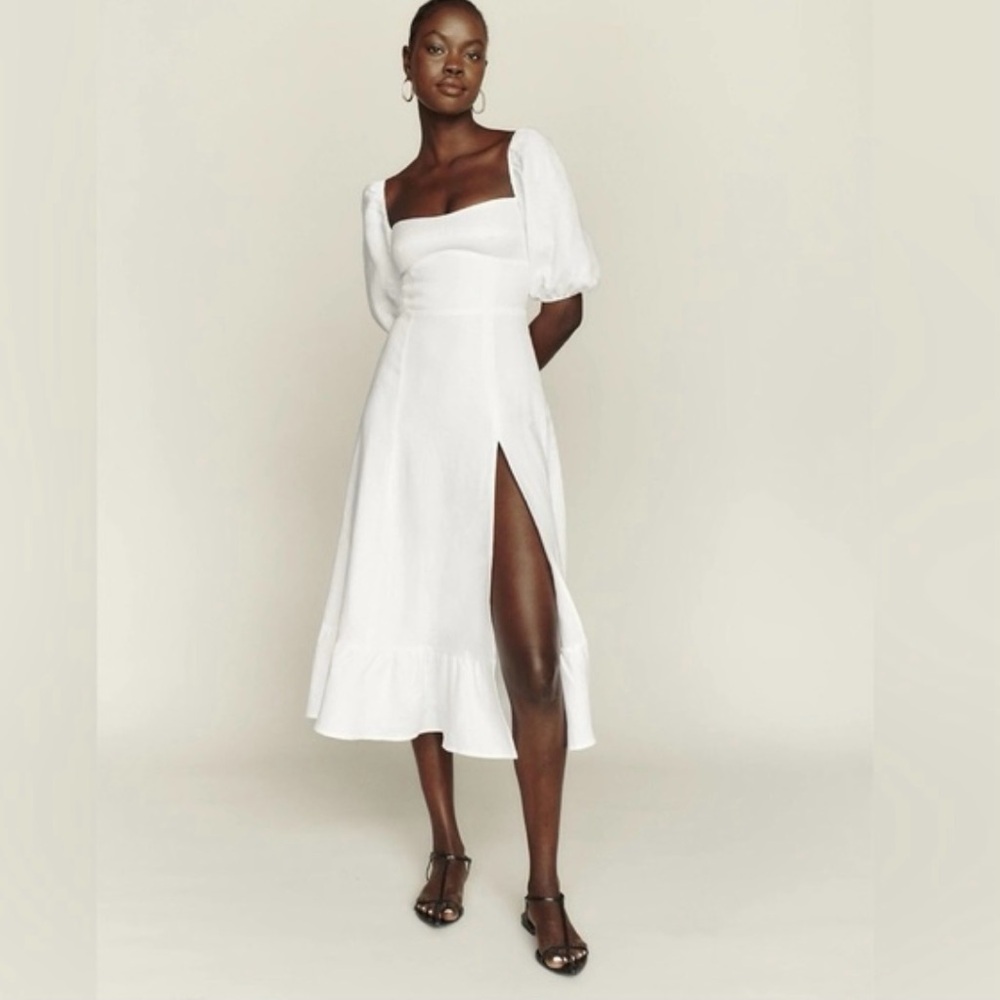 Reformation Cream Midi Dress with Puff Sleeves